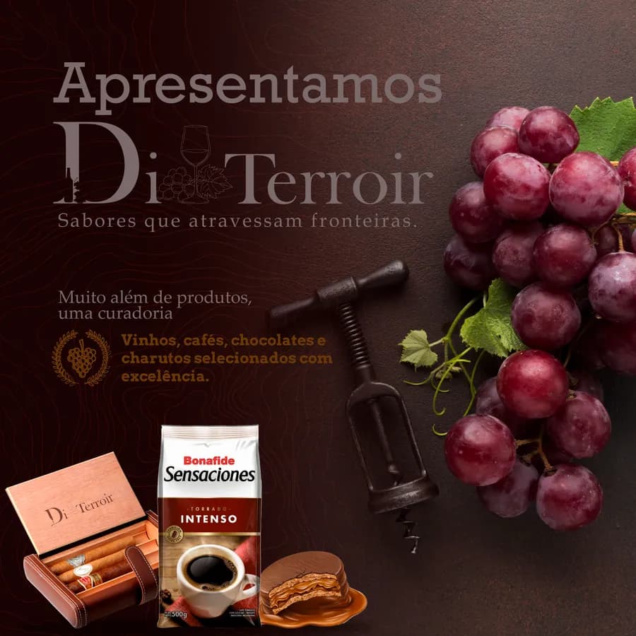 Post de lançamento com uvas, café e chocolates
