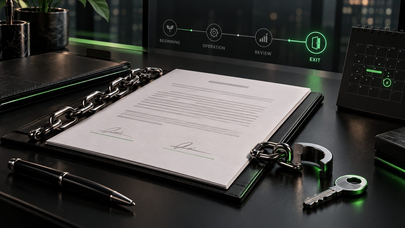Contrato assinado sobre uma mesa escura, preso a uma pasta por uma corrente aberta, com uma chave ao lado e, ao fundo, uma linha do tempo iluminada em verde que termina na etapa de saída.