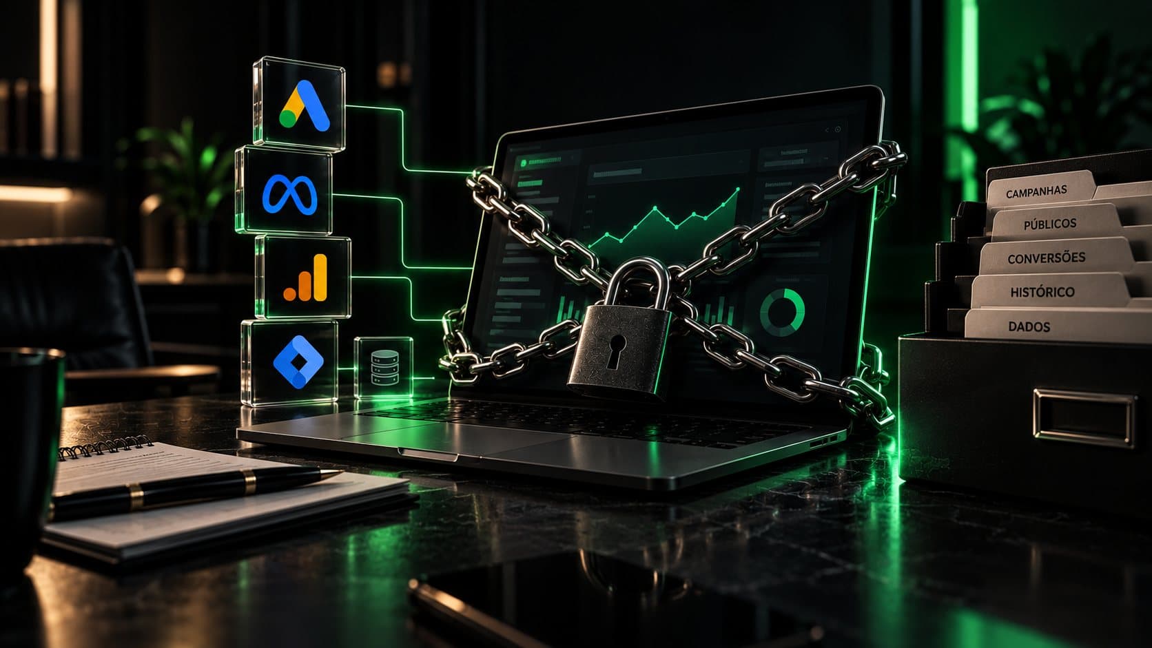 Contas e dados de marketing protegidos por cadeado representando falta de controle sobre ativos digitais