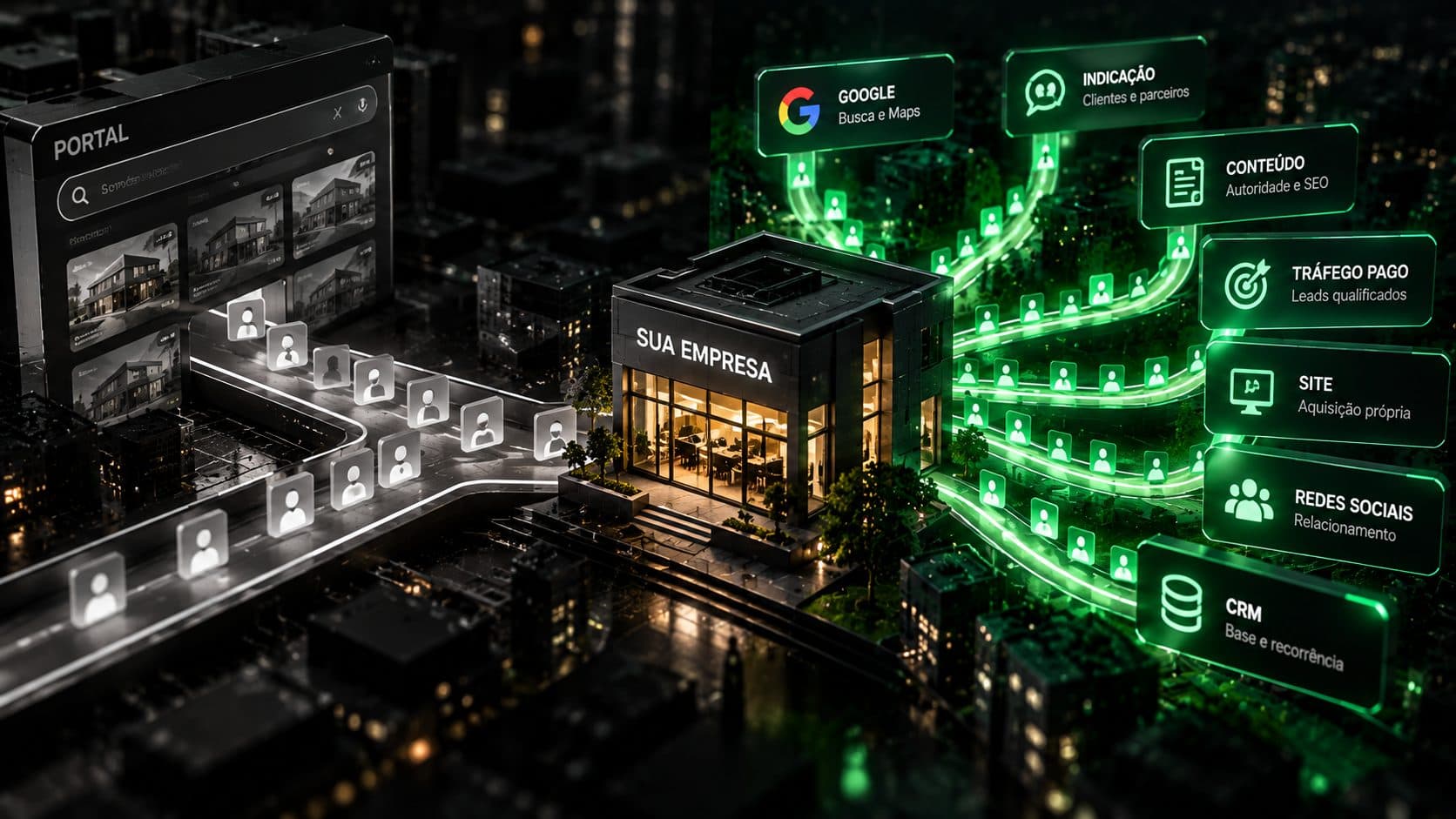 Ilustração de uma empresa no centro de uma cidade escura: à esquerda, um portal em preto e branco concentra todos os contatos num único caminho; à direita, caminhos verdes iluminados chegam de vários canais próprios, como Google, indicação, conteúdo, tráfego pago, site, redes sociais e CRM.