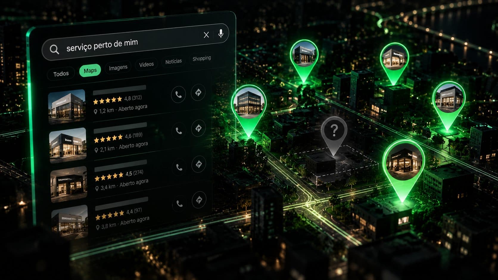 Interface de pesquisa local com a busca “serviço perto de mim” sobre uma cidade escura vista de cima: concorrentes marcados por pins verdes iluminados e um ponto apagado com um ponto de interrogação.
