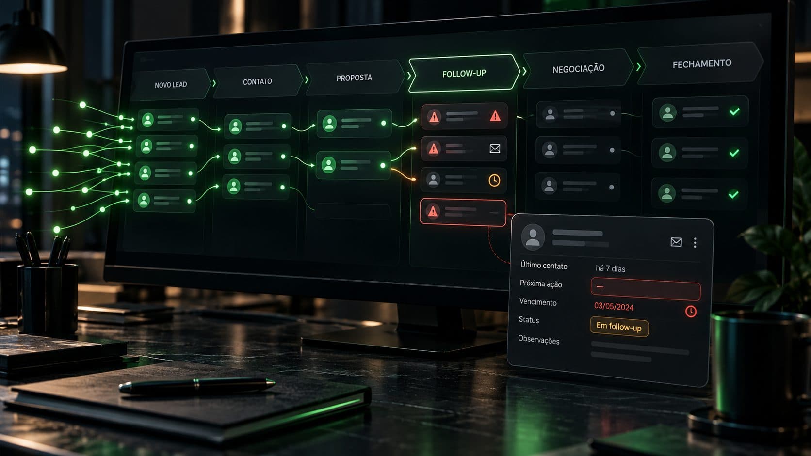 Pipeline comercial na tela de um computador sobre uma mesa escura: leads entram em verde pelas etapas novo lead, contato e proposta, mas na etapa de follow-up os cartões ficam parados com alertas, e uma ficha mostra último contato há 7 dias e o campo próxima ação vazio.