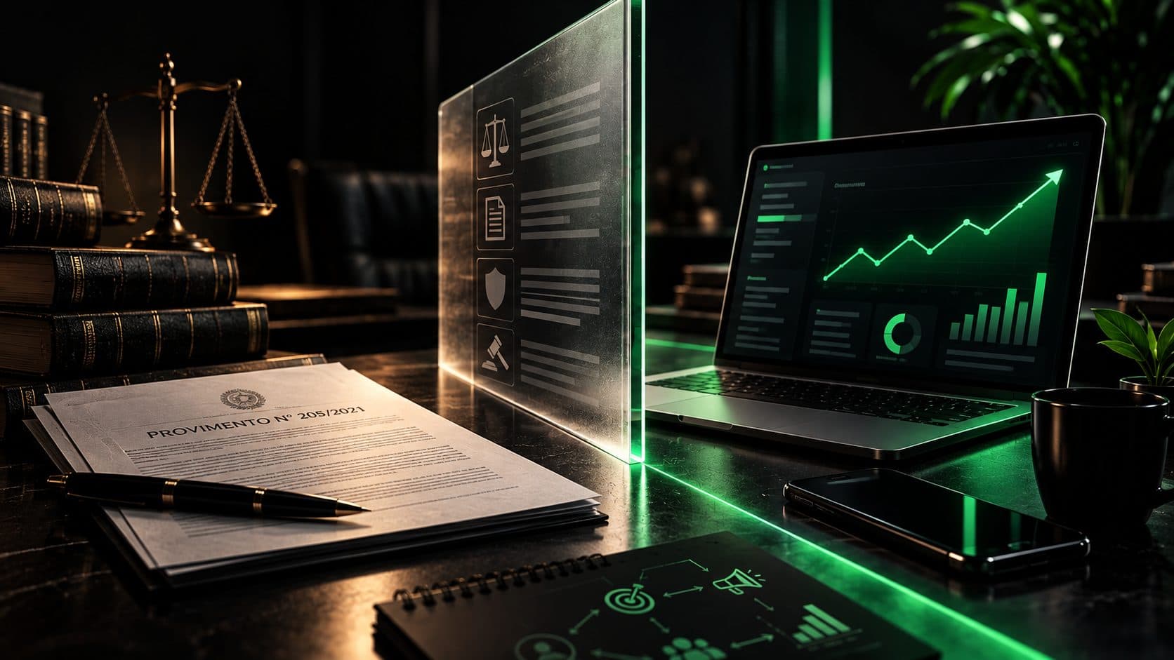 Documento do Provimento nº 205/2021 sobre uma mesa escura, separado por uma placa de vidro iluminada em verde de um notebook que mostra gráficos de crescimento.