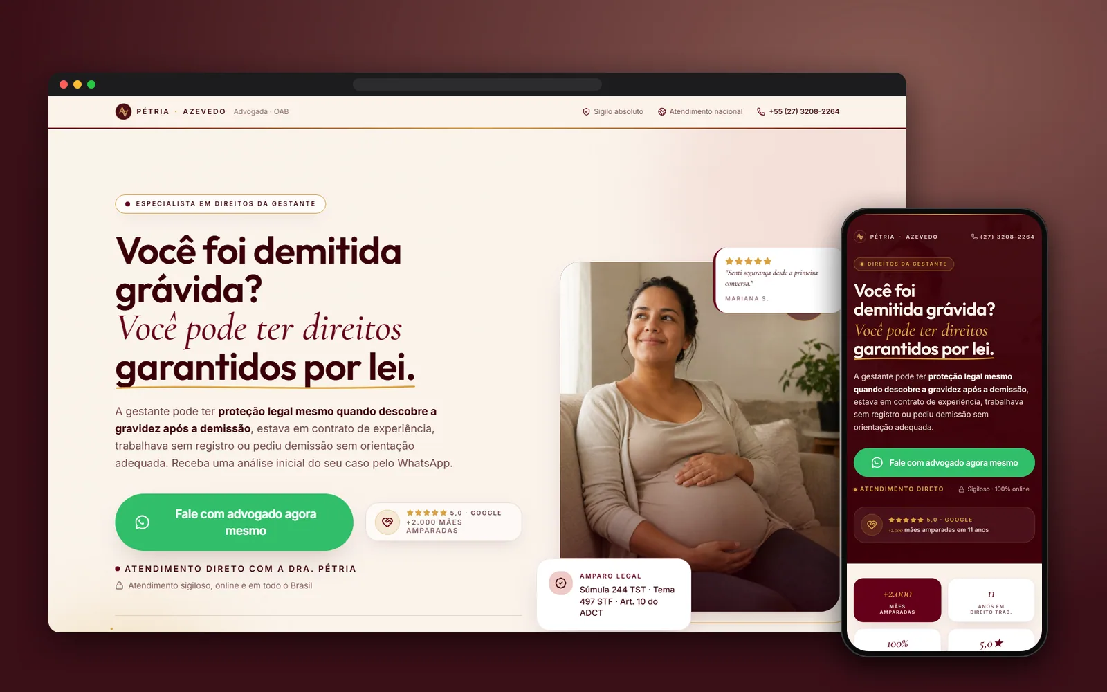 Landing page da Pétria Azevedo no computador e no celular