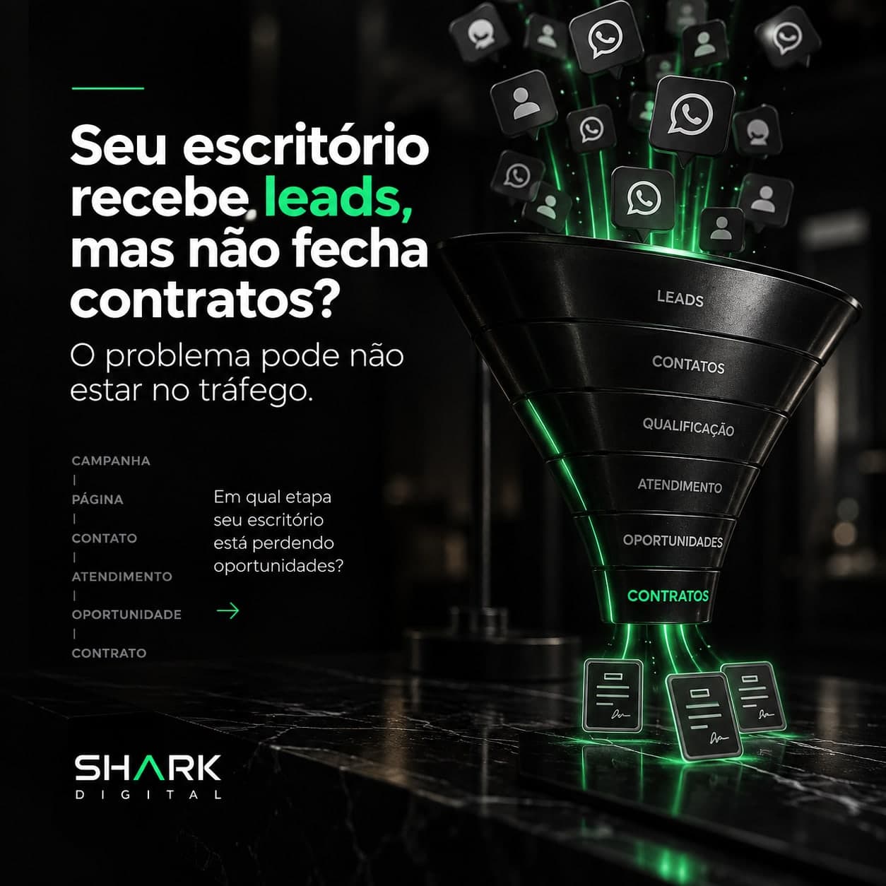 Funil preto com ícones de WhatsApp e de contatos entrando no topo e linhas verdes passando pelas etapas leads, contatos, qualificação, atendimento, oportunidades e contratos, ao lado do título do artigo.